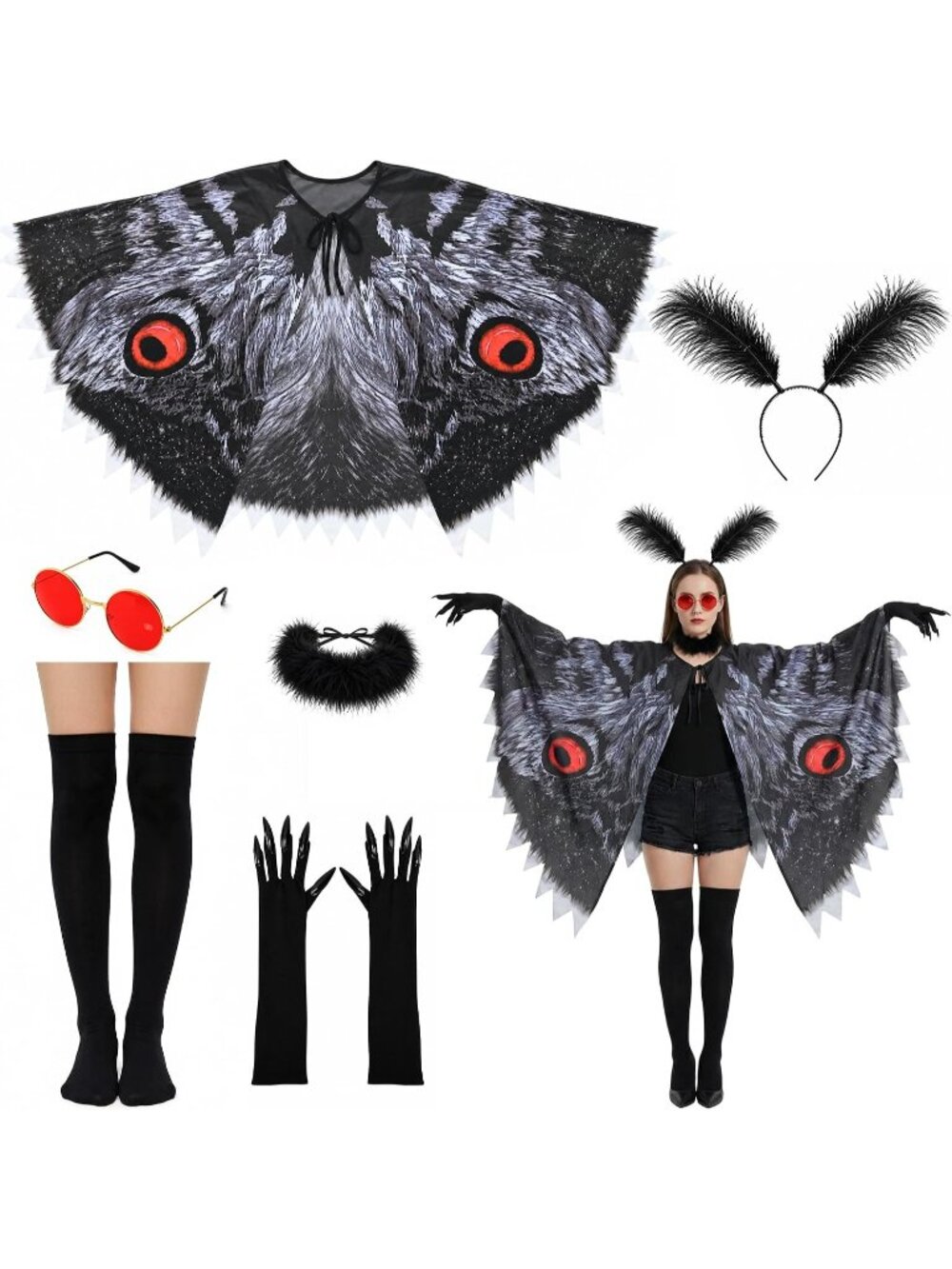 〽️6 Pcs Halloween Mothman Costume Cosplay Wing Cape Glasses Headband Glove